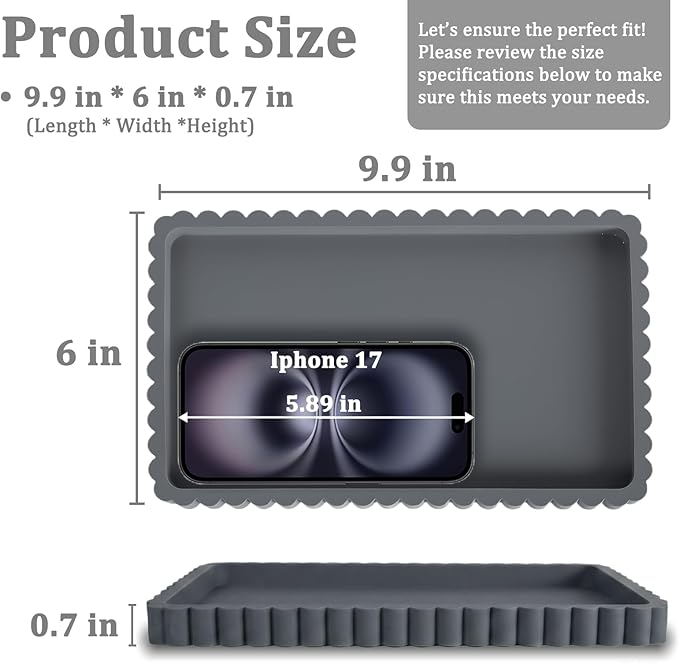 Silicone Bathroom Vanity Tray, Sink Caddy for Dish Soap Dispenser, Sponge Holder for Kitchen Sink, Rectangle Bathroom Countertop Organizer for Perfume, Jewelry, Candle (9.9” * 6”, Dark Grey)