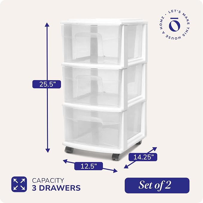 HOMZ Drawer Tower 3-Tier Storage Cart, Removable Wheels, White Frame,2 Pack | Plastic Organizer with Clear Bin Drawers for Bedrooms, Bathrooms, Home Offices, and Dorm Rooms