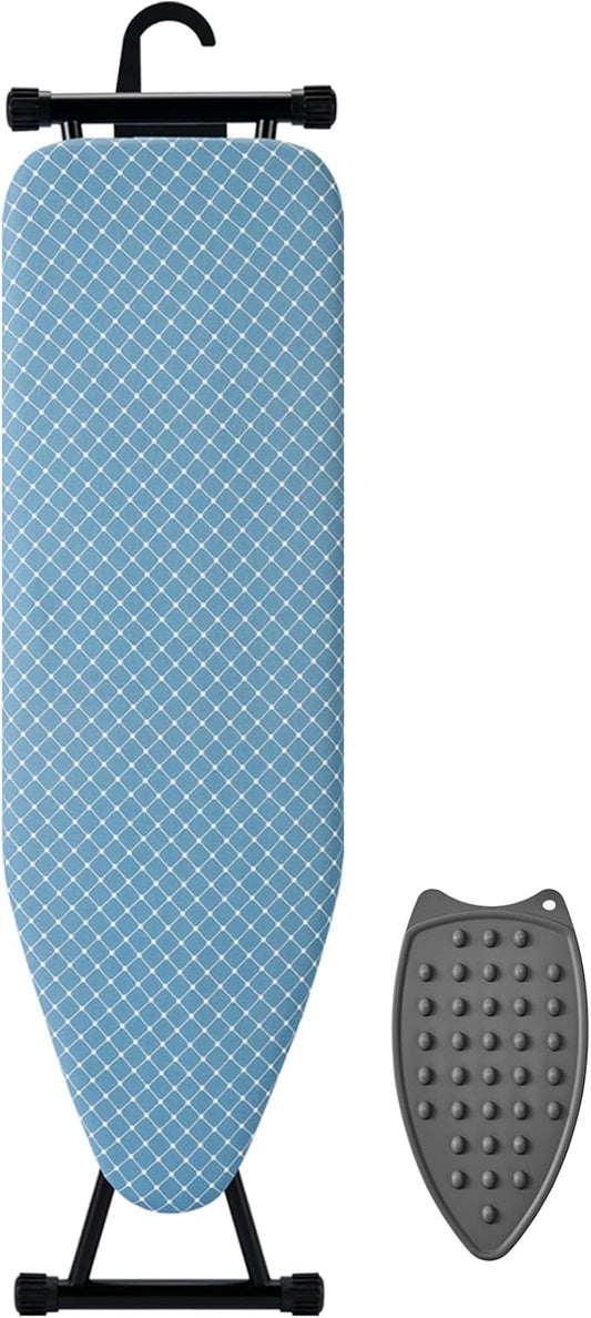 BKTD Compact Ironing Board 13 x 43, Iron Board with Heat Resistant Surface, Adjustable Height, Space Saving Table with Hook & Iron Rest for Home & Laundry Room, Diagonal Checkered Blue
