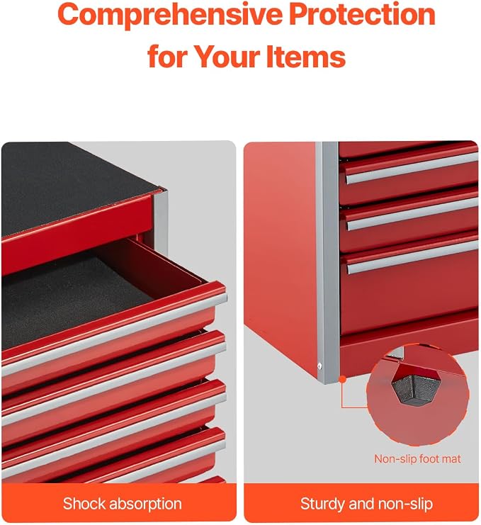 VEVOR Metal Tool Box, 8.6-inch, Portable Metal Tool Box with 5 Drawers, Small Tool Chest with EVA Liners and PP Feet Pads, Heavy-Duty Steel With Ball Bearing Opening and Powder Coated Finish, Red
