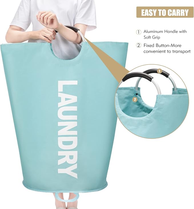 Maxsilan 125L X-Large Laundry Basket Bag, Collapsible Hamper, Light Blue | Freestanding tall laundry bag & foldable washing basket. Large capacity clothes storage bin with durable sturdy handles