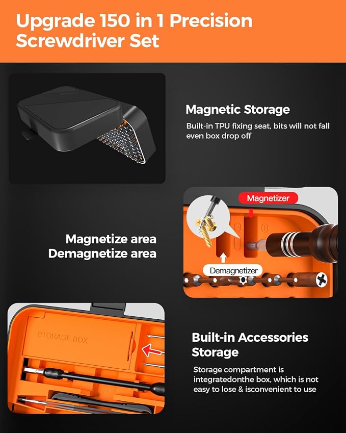 LIFEGOO Precision Screwdriver Set, 150 in 1 Magnetic Screwdriver Set with mini built-in box, Repair Tool Kit for Computer, Laptop, iPhone, Macbook, PC, PS5, Xbox Controller, Jewelers, Glasses Orange