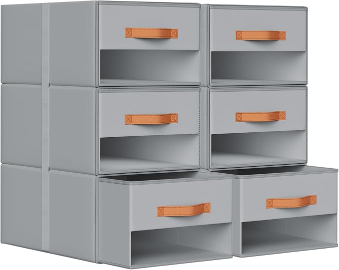 DIMJ Closet Organizers and Storage - Pull-out Fabric Bins with Drawers for Closet Foldable Clothes Organizers with Clear Window, Stackable Storage Drawers for Bedroom,Living Room,Shelf,6-Pack, Grey