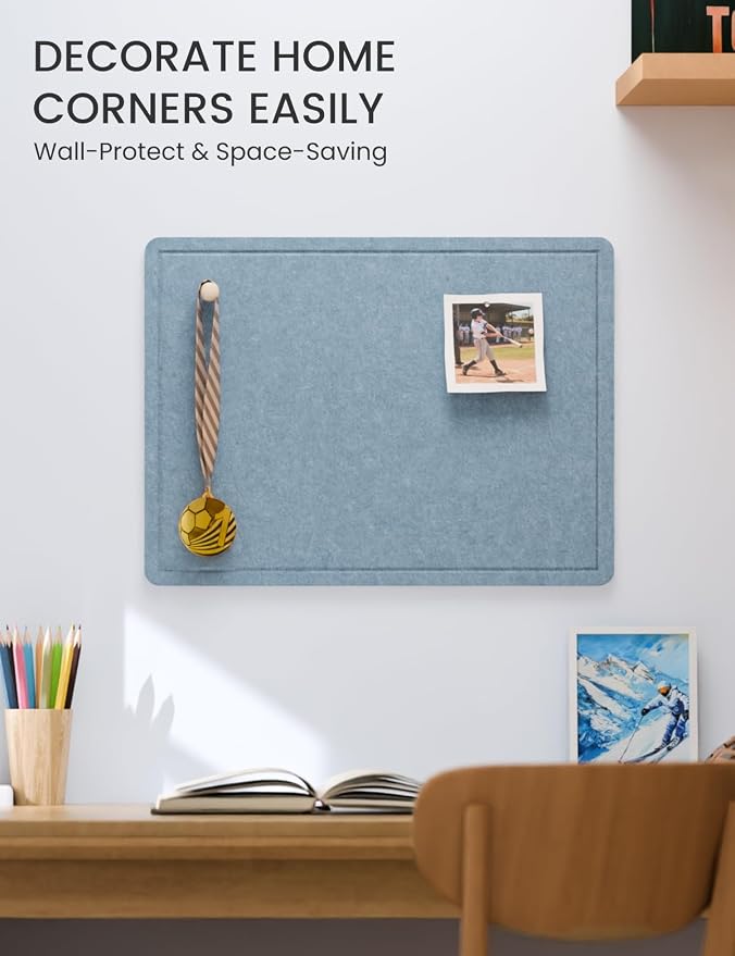 Fluxynara 23.6" x 17.1" Bulletin Board, Dusty Blue | Cork Board Alternative with 12 Removable Adhesive Tabs, Foldable Felt Pin Board for Home, Office, Classroom & Dorm