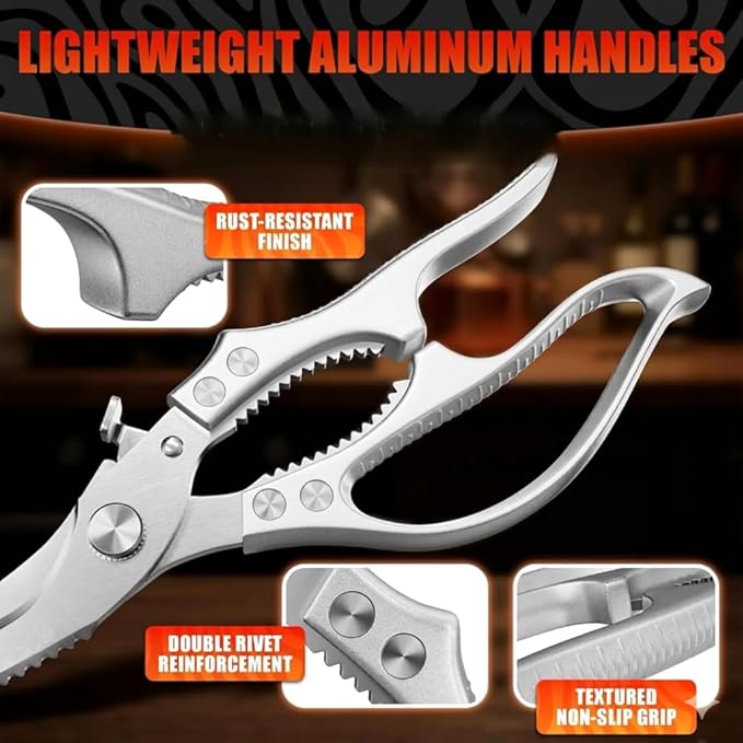 Premium Stainless Steel Poultry Shears – Heavy Duty Kitchen Shears for Food, Hardened Blades, One-Hand Safety Lock, Spring Mechanism, Dishwasher Safe – Chicken, Meat Cutting, Turkey, Fish & Vegetables