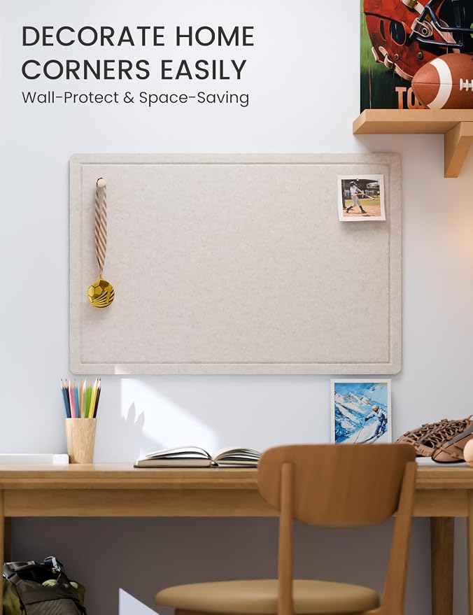 Fluxynara 35.4" x 23.6" Bulletin Board, Oatmeal | Cork Board Alternative with 12 Removable Adhesive Tabs, Foldable Felt Pin Board for Home, Office, Classroom & Dorm