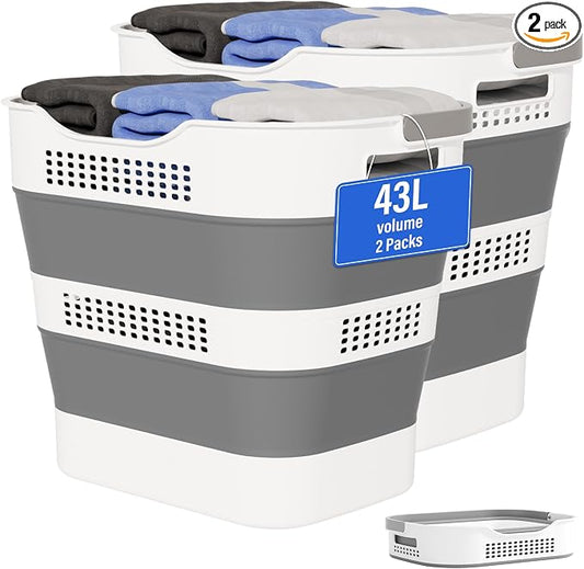 OOAMBB 43L+43L Collapsible Laundry Baskets plastic (Grey, 2 Packs) | Pop Up Laundry hamper/Storage Container, Foldable Laundry Basket with Handles, Durable,Space Saver