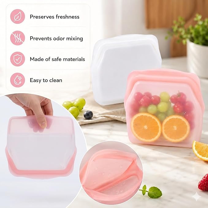 Everbag Silicone Storage, Everbag Food Storage Bags, Reusable Storage Bags, Leak-Proof Upright Freezer Bags (White+Pink)