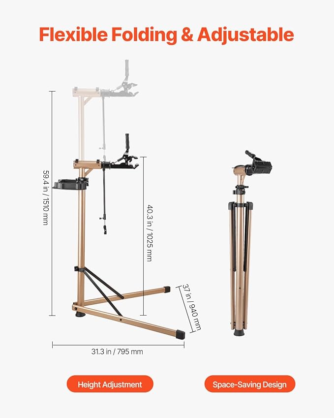VEVOR Bike Repair Stand, Max. 110 lb Heavy-duty Bicycle Work Stand with 40.3-59.4 in Adjustable Height & Large Tool Tray, Foldable Ebike Maintenance Rack, Shop Home Mechanics for Mountain Road Bike