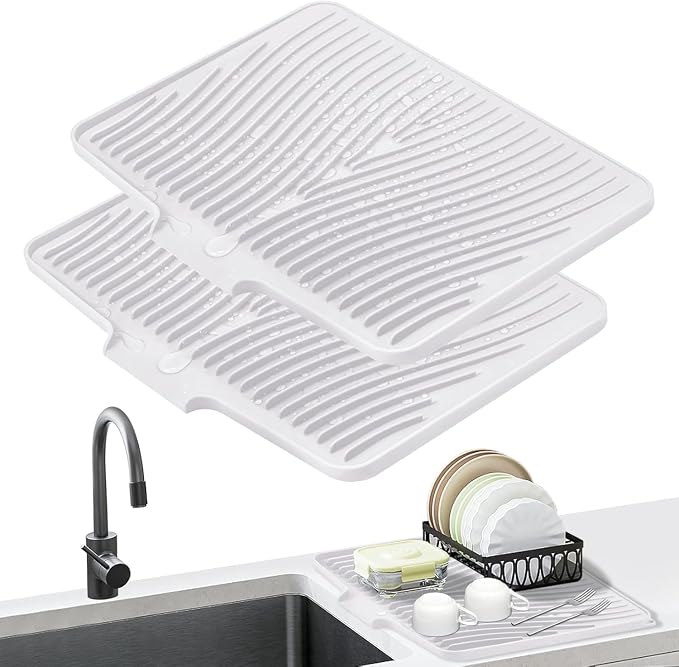Silicone Dish Drying Mat for Kitchen counter, 19.7"x17" 2Pcs Extra Large Non-Slip Drain Pad with Built-in Drainage, Heat Resistant Dishwasher Safe, Ivory