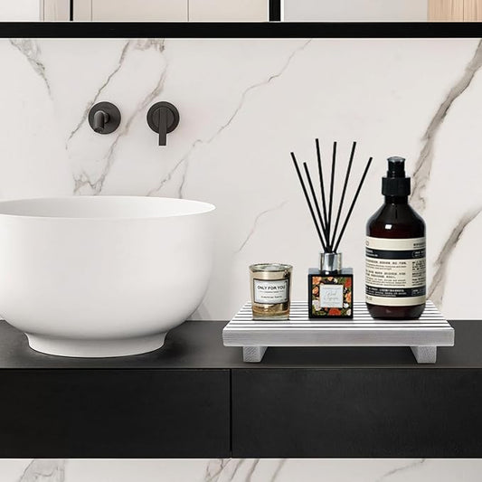 Wood Pedestal Stand for Bathroom Tray Kitchen Counter Decor Bathroom Sink Accessories Decorative Wooden Risers for Kitchen Soap Tray Vanity White Bathroom Counter Decorations Dish Soap Holder