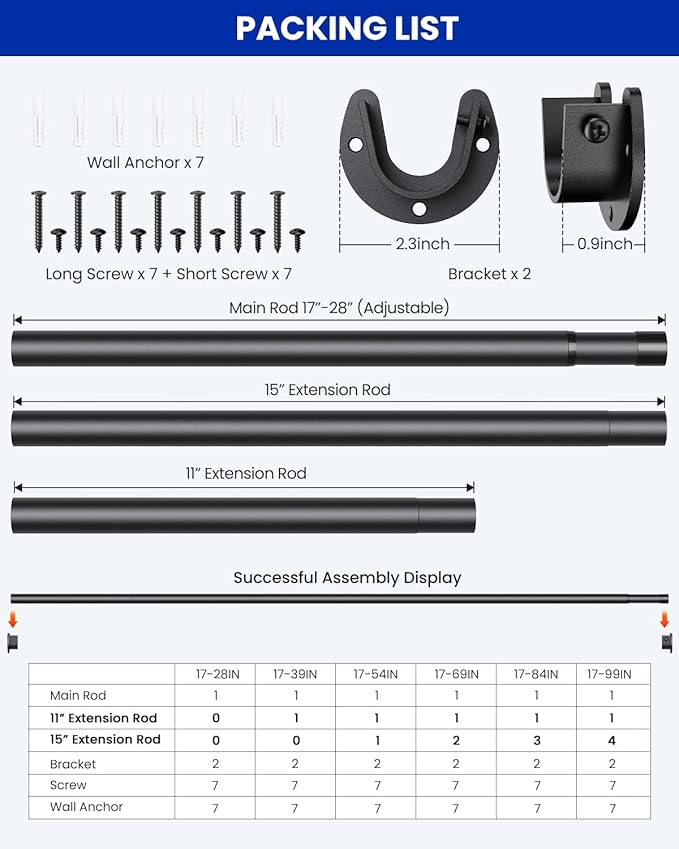 Supforce Closet Rods for Hanging Clothes, 17 to 84 Inches Stepless Adjustable Metal Closet Rod, 1.3 Inches Heavy Duty Clothes Hanging Rod for Closet Wardrobes Laundry RV, Black