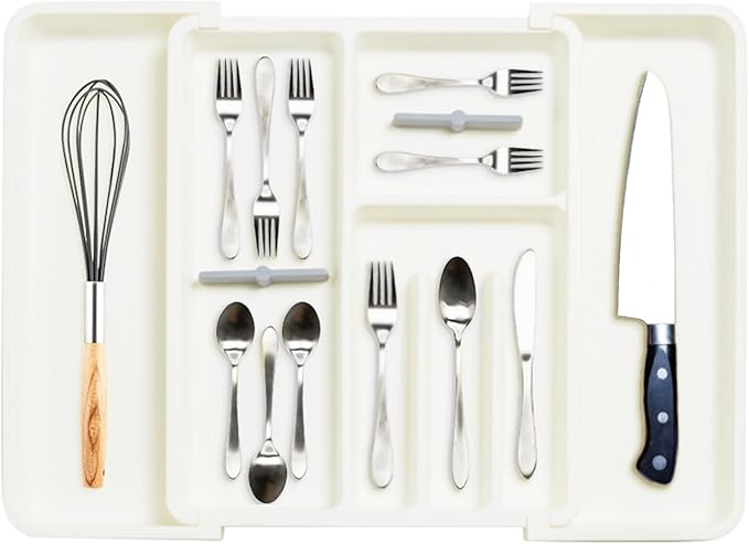 Silverware Organizer, Expandable Cutlery Drawer Organizer Utensil Tray for Home and Kitchen, Upgrade Adjustable Plastic Storage Flatware Holder for Forks, Spoons and Knives Large White