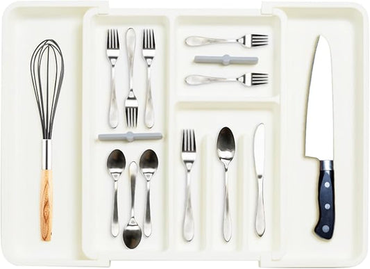 Silverware Organizer, Expandable Cutlery Drawer Organizer Utensil Tray for Home and Kitchen, Upgrade Adjustable Plastic Storage Flatware Holder for Forks, Spoons and Knives Large White