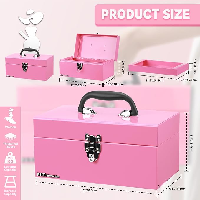 P.I.T. 12 Inch Tool Box,Portable Small Steel ToolBox with Metal Latch Closure for Household, Warehouse,Tools Storage,Pink