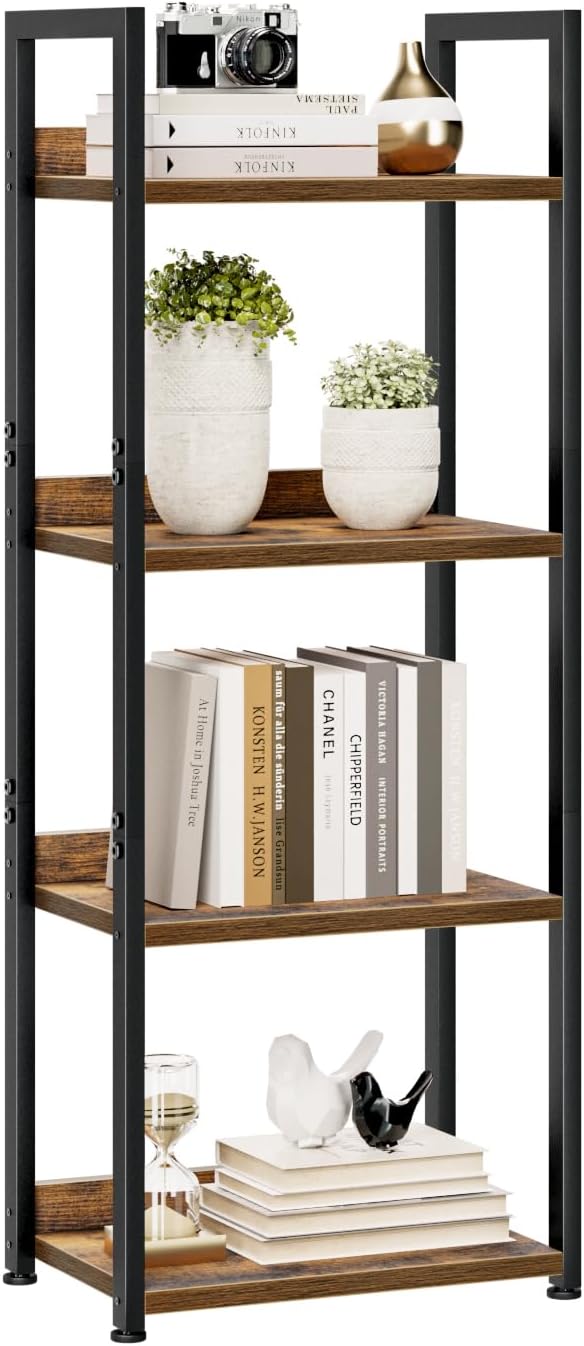 NUMENN Narrow Bookshelf, 4 Tier Freestanding Shelving Unit, Vintage | Small Book Shelf for Small Spaces, Metal Frame & Wood Shelves, Falling Prevention Baffle, Bookcase for Bedroom&Home Office