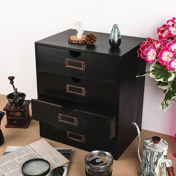 Large Wooden Drawers Wooden Box with Drawer Black | 4 Drawer Storage Box for Apothecary Cabinet, Apothecary Drawers，Desktop Organizer with Metal Handles for Office，Home