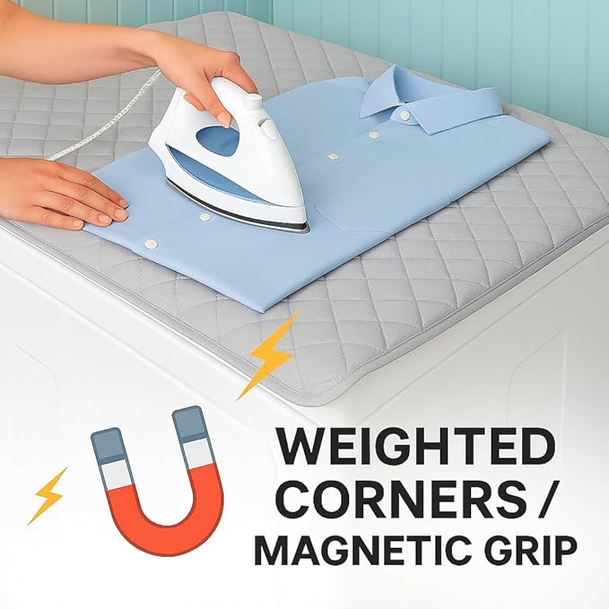Iron Anywhere Magnetic Ironing Mat 18" x 31" – Quilted Heat-Resistant Blanket for Washer Dryer Tops – Foldable Portable Tabletop Pressing Pad and Board Alternative