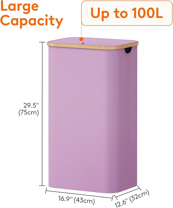 Lifewit 100L Laundry Basket with Lid, Clothes Hampers for Laundry with Bamboo Handles and 1 Removable Bag, Large Foldable Laundry Hamper for Bedroom, Bathroom, Dorm, Laundry Room, Purple