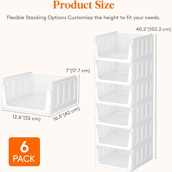 Lifewit 6 Pack Stackable Closet Organizers for Shelf, Plastic Clothes Storage Basket Bins for Wardrobe, Multifunctional Stacking Sweater Containers for Shelves, RV, Pantry, Kitchen, Dorm, 12.6" Wide