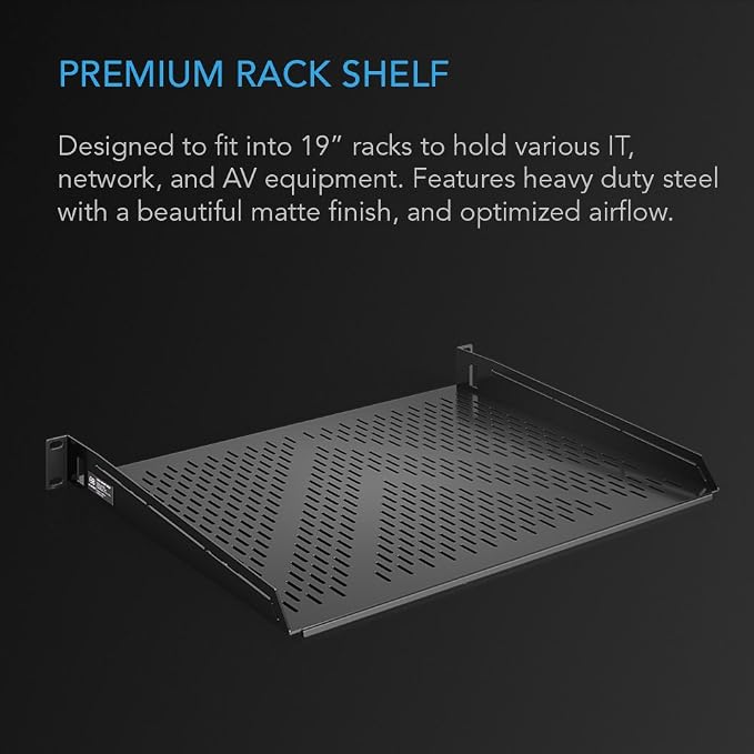 AC Infinity Vented Cantilever 1U Universal Rack Shelf, 14" Deep, for 19" Equipment Racks. Heavy-Duty 2.4mm Cold Rolled Steel, 60lbs Capacity