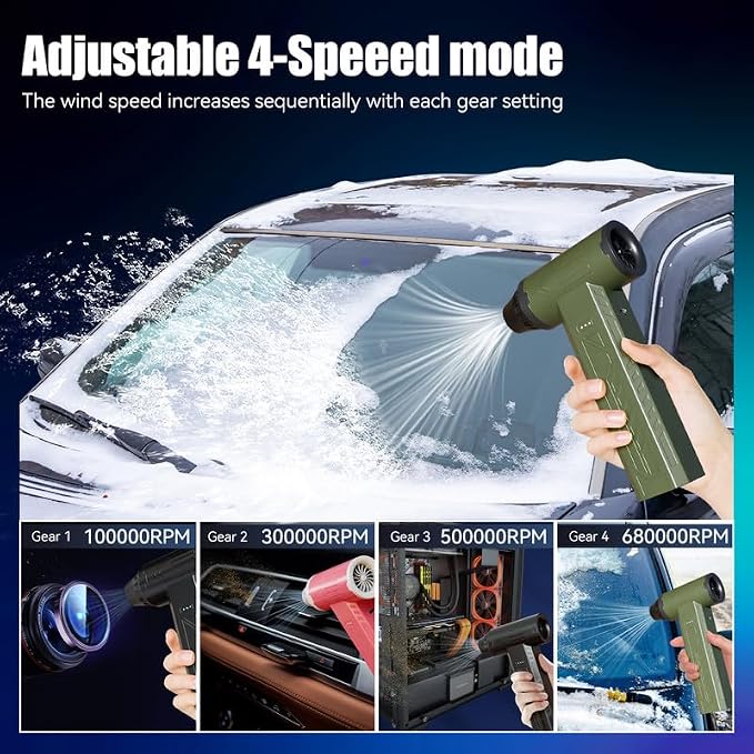 Compressed Air Duster 480000RPM Electric Air Duster Variable Speed 580G 4 Gear Adjustable Rechargeable Cordless Jet Dry Blower Turbo Fan Dryer Air Blower Mini Car Vacuum Cleaner Black Knight
