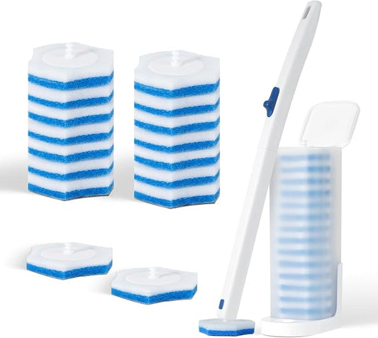 Disposable Toilet Brush Set with Holder, White and Blue, Includes 16 Cleaning Refills (1+16 Refills)
