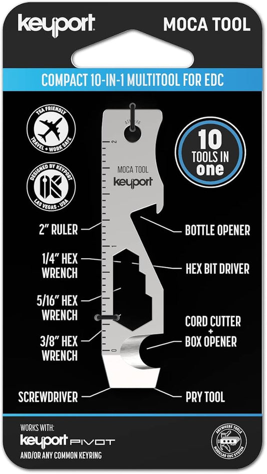 Keyport MOCA 10-in-1 Keychain Multitool - Flat EDC Key Tool - Silver | Fits Key Chains, Select Key Organizers | 420 Stainless | Internal Blade, Travel-Friendly | Box Opener, Pry Bar, Bottle Opener