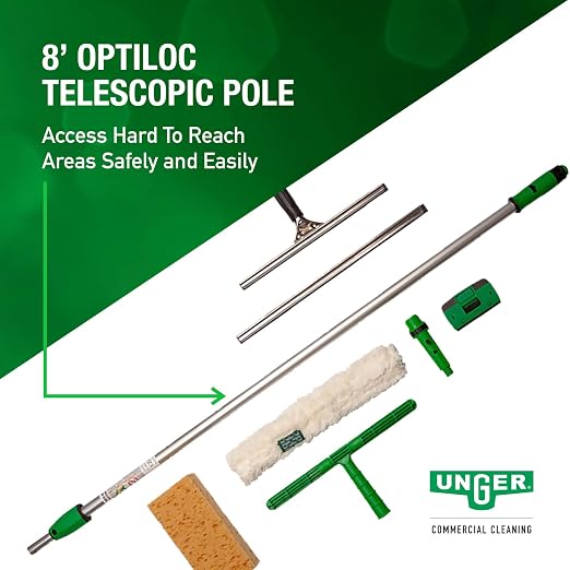 Unger Commercial Window Cleaning Kit (PWK00) – Heavy Duty StripWasher Set with Squeegee, 8'' Telescoping Pole, Sponge - Professional Tools for High-Performance Commercial Window Cleaning