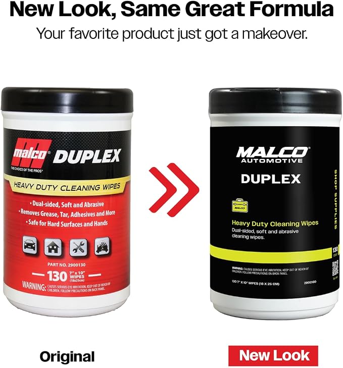 Malco Duplex Heavy Duty Cleaning Wipes for Home and Auto - Dual Sided Textured, Wet Wipe/Removes Grease, Tar, Paint, Oil, Dirt/No Residue/Safe for Hands/Made in USA (130 Wipes)