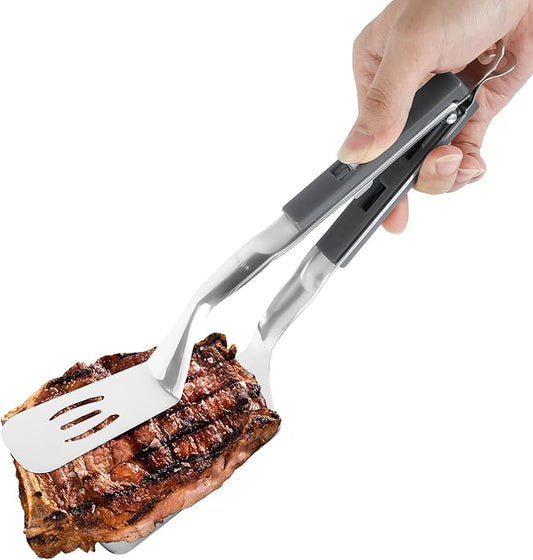 Extended Handle Spatula Tongs, 11.6 Inch Long Anti-Scald Stainless Steel Grill Clamp Spatula Food Flipping Cooking Serving Tongs Spatula for Steak Pancakes Barbecue Burgers Pizza (Gray)