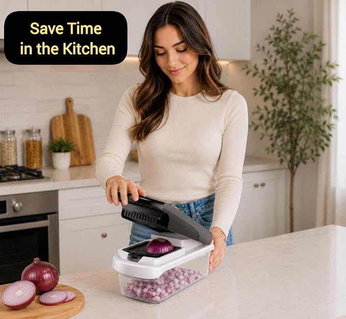 15-in-1 Vegetable Chopper and Mandoline Slicer with Container, Multifunction Food Chopper, Onion Cutter, Veggie Dicer, Fruit Slicer, Kitchen Gadget with Stainless Steel Blades, Black