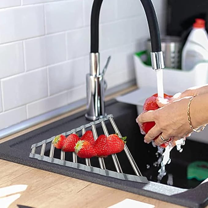Triangle Dish Drying Rack Multipurpose Roll-up Drying Rack for Sink Corner Stainless Steel Over The Sink Corner Dish Drainer Mat for Kitchen (Black)
