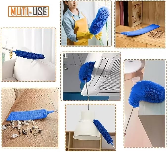 Microfiber Duster, 8PCS Feather Duster with 100 Inch Telescoping Extension Pole, Reusable Bendable Dusters, Washable Lightweight Dusters for High Ceiling, Fan, Blinds, Window, Corners, Blue