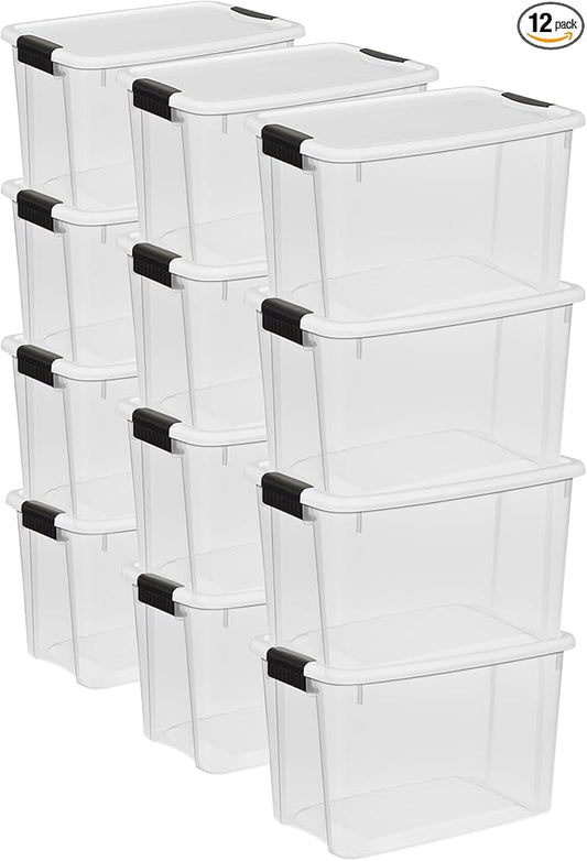 Sterilite 12-Pack Ultra Latching Box, Storage Bins with Lids, Clear Plastic, 30 Quart - Heavy-Duty Organizing Containers for Closet and Office
