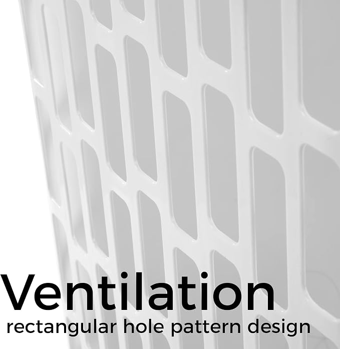Large Plastic Laundry Hamper, White, Slim Rectangular, Ventilated, 63 Liter, Reinforced Handles, Clothes Basket for Bathroom, Dorm, and Closet
