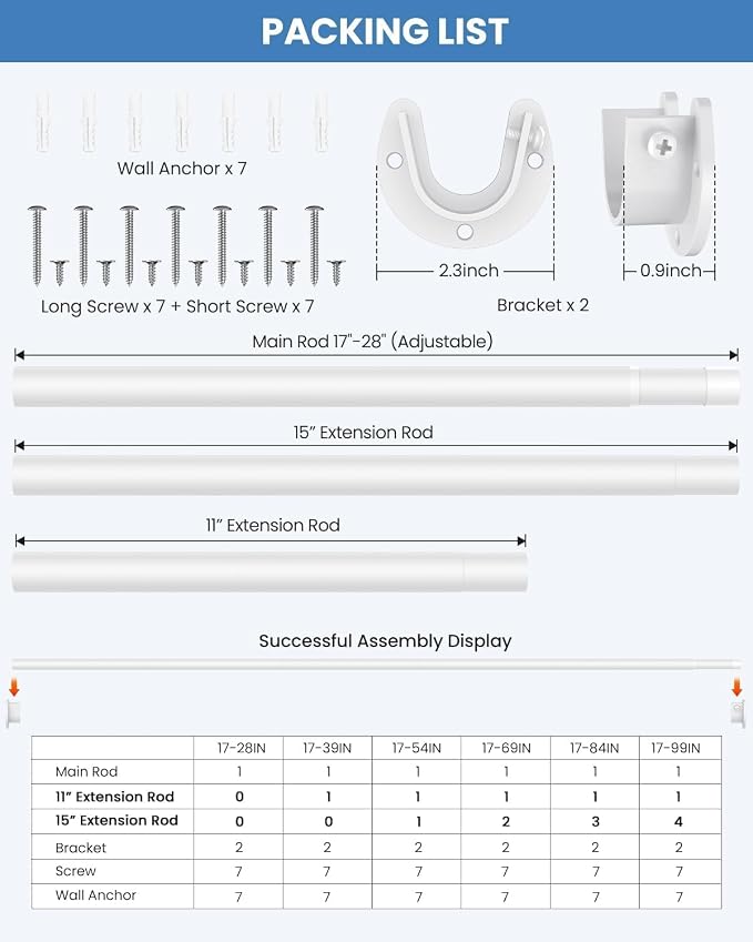 Supforce 2 PACK Closet Rods for Hanging Clothes, 17 to 28 Inches Stepless Adjustable Metal Closet Rod, 1.3 Inches Heavy Duty Clothes Hanging Rod for Closet Wardrobes Laundry RV, White