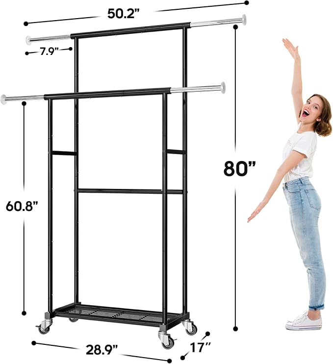 SUFAUY Clothes Rack, Double Rods Rolling Clothing Rack for Hanging Kid Clothes, Portable Garment Rack with Wheels, Coat Rack Wardrobe Closet Load 350 LBS (Black)
