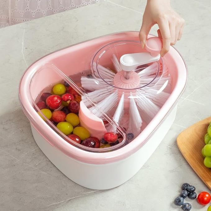 Fruit Cleaner Spinner Detachable Double Layer Drain Basket, 360 Rotary Brush Hands Free Deep Cleaning Vegetable Washer for Home Kitchen Berry Grape Cherry Washing Draining