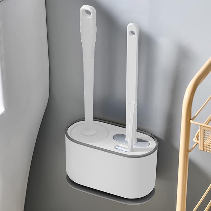 Toilet Brush and Holder Set 3 in 1 (Round Silicone Brush + Flat Silicone Brush + Slit Brush) Toilet Bowl Brush Clean Every Corner of The Toilet, Compact Size Toilet Brushes (White)