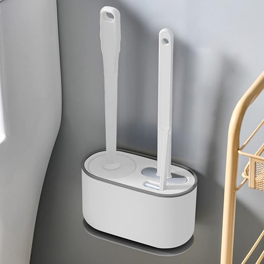 Toilet Brush and Holder Set 3 in 1 (Round Silicone Brush + Flat Silicone Brush + Slit Brush) Toilet Bowl Brush Clean Every Corner of The Toilet, Compact Size Toilet Brushes (White)