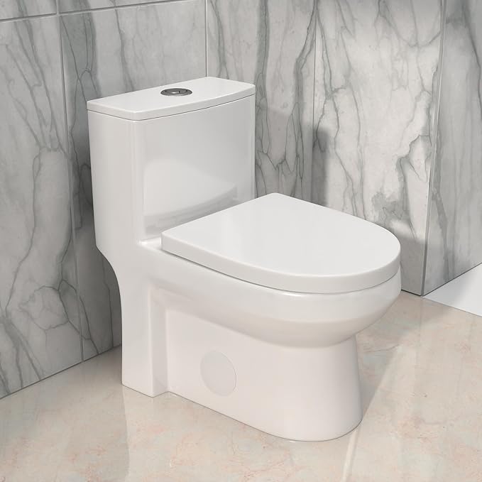 One Piece Toilet 12'' Rough Inch- White Ceramic Compact Toilets with 15.9" Soft Close Chair Seat 1.1/1.6 GPF Water Saving Dual Flush Easy to Clean Toilet Bowl 13.6''x28.3''x24.8''