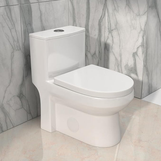 One Piece Toilet 12'' Rough Inch- White Ceramic Compact Toilets with 15.9" Soft Close Chair Seat 1.1/1.6 GPF Water Saving Dual Flush Easy to Clean Toilet Bowl 13.6''x28.3''x24.8''