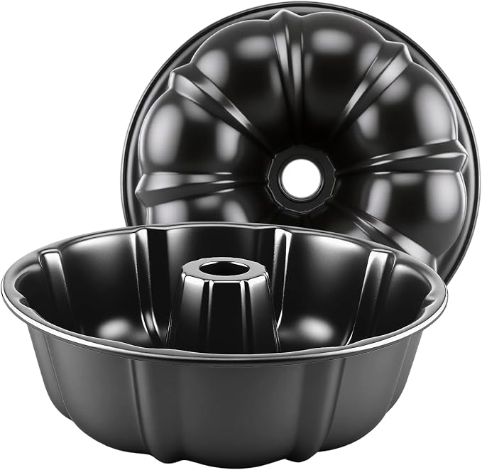 10” Cake Pan 2-PACK, Nonstick Round Cake Baking Pan, Buntz Pound Cake Mold,Tube Bakeware,Baking Mold for Jello/Gelatin/Chocoflan/Flan, Non Toxic, Easy Clean - Black