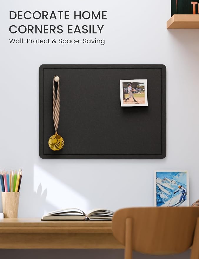 Fluxynara 23.6" x 17.1" Bulletin Board, Black | Cork Board Alternative with 12 Removable Adhesive Tabs, Foldable Felt Pin Board for Home, Office, Classroom & Dorm