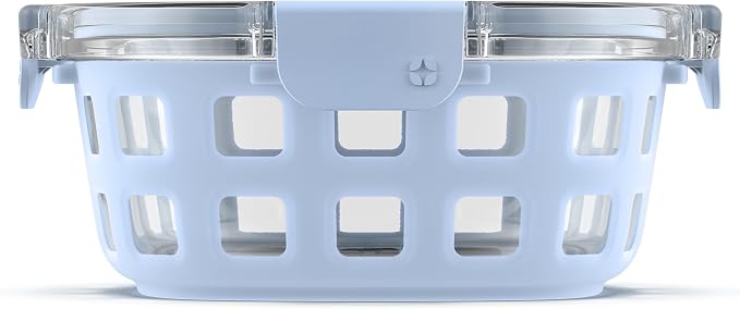 Ello Duraglass Meal Prep Container, 4 cup- Glass Food Storage Container with Silicone Sleeve and Airtight BPA-Free Plastic Lid, Dishwasher, Microwave, and Freezer Safe, Halogen Blue