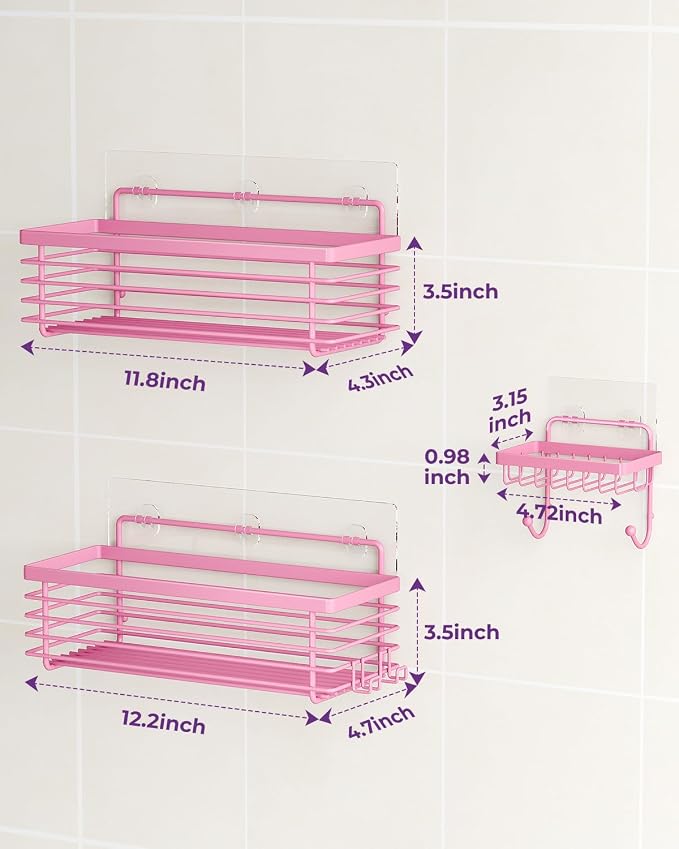 Shower Caddy Adhesive 3 Pack Stainless Steel Storage Organizers-Pink | No drilling wall mounted，rust-resistant,large capacity,quick drainage,easy to clean,suitable for bathrooms and kitchens