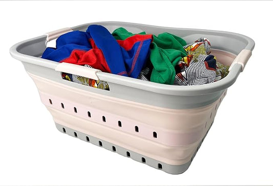 SAMMART 42 (11 Gallons) Collapsible Plastic Laundry Basket, Foldable Pop Up Storage Container/Organizer, Space Saving Hamper, Portable Bin for Dorm Room Bathroom (1, Grey/Pink)