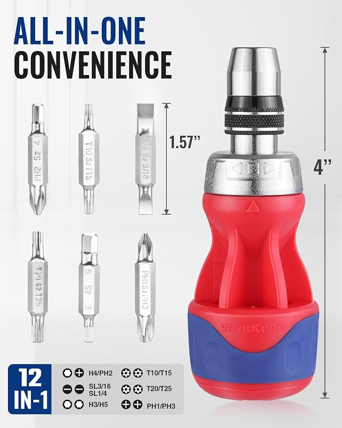 WORKPRO 12-in-1 Stubby Ratcheting Multi-bit Screwdriver | Short Screw Drivers with Magnetic, Quick-load Mechanism, Premium S2 Steel, Small Screwdriver with Double End Bits in Handle