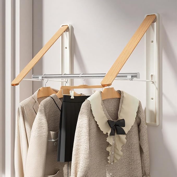 Retractable Wall Mounted Drying Rack - Foldable Clothes Hanger in Walnut or Oak Color for Laundry Room, Closet & Balcony (Oak, 2 Racks + Rod)